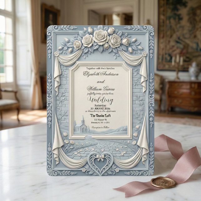 Invitation Mariage Romantique Rose Blanche et Bleu Poussiéreu (Créateur téléchargé)