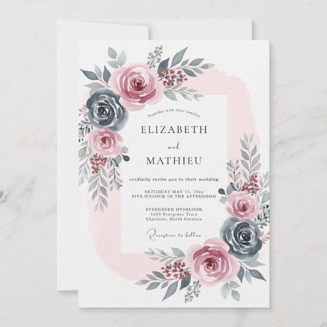 Invitation Mariage Romantique Rose Bleu Ardoise (Devant)