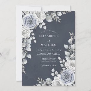 Invitation Mariage Romantique Rose Bleu Ardoise