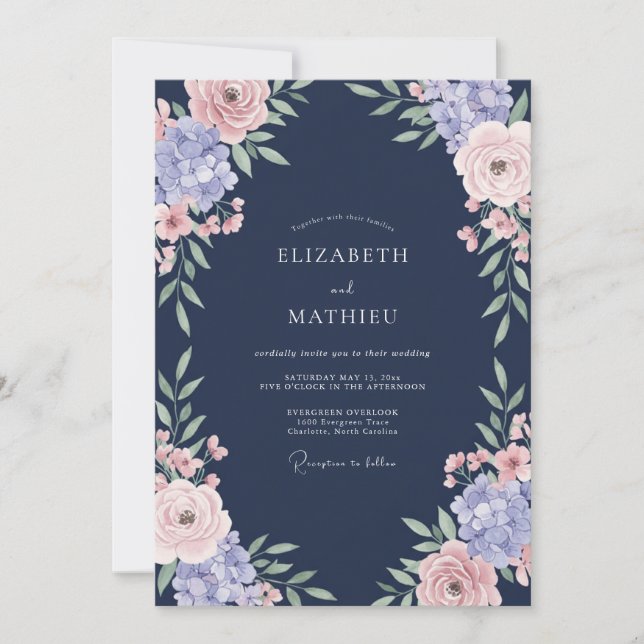 Invitation Mariage Romantique Rose Bleu Marine (Devant)