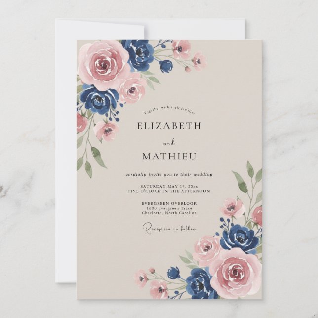 Invitation Mariage romantique Rose Bleu Poussiéreux (Devant)