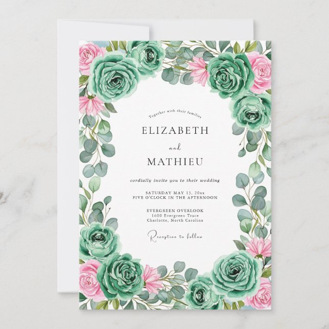 Invitation Mariage Romantique Rose Bleue Verte (Devant)
