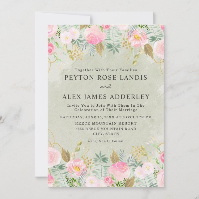 Invitation Mariage romantique rose floral vert or (Devant)