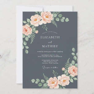 Invitation Mariage Romantique Rose Gris Ardoise