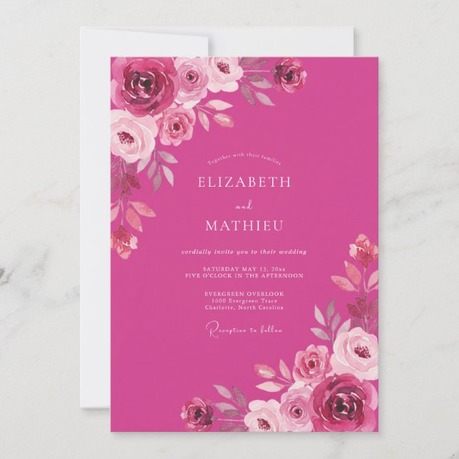 Invitation Mariage romantique rose luxuriant magenta (Devant)