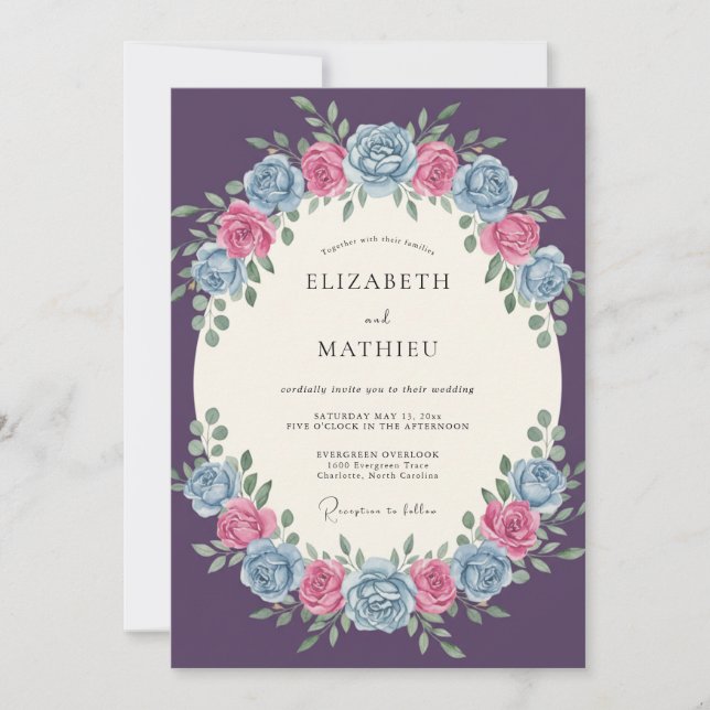 Invitation Mariage Romantique Rose Pourpre (Devant)
