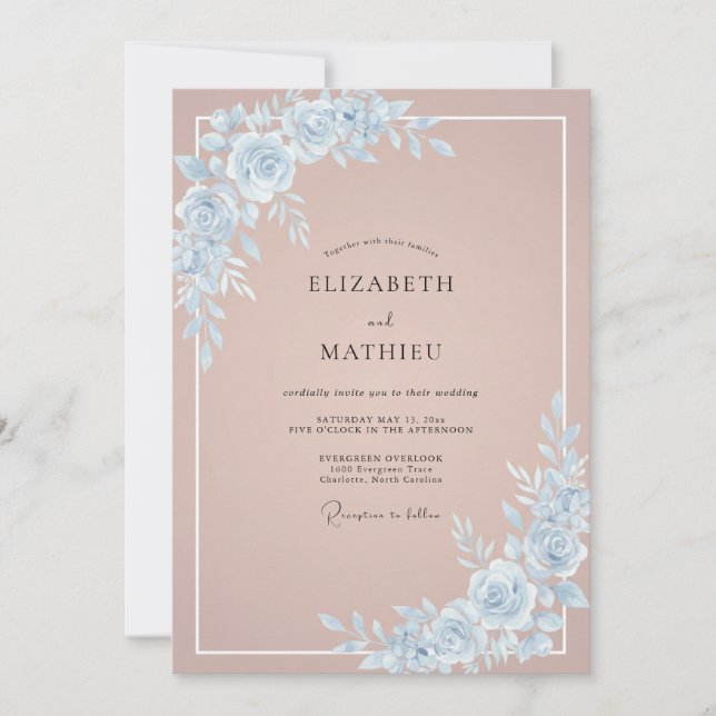 Invitation Mariage Romantique Rose Poussiéreux Bleu (Devant)