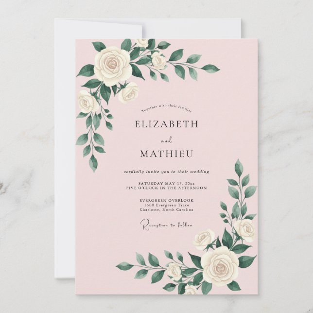 Invitation Mariage Romantique Rose Rose Pâle (Devant)
