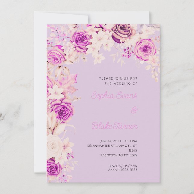 Invitation Mariage romantique roses roses et blanches violet  (Devant)