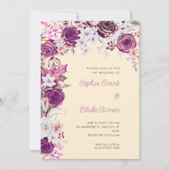Invitation Mariage Romantique Roses Violettes & Blanches Légè (Devant)