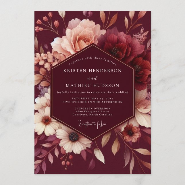 Invitation Mariage Romantique Rouge Bourguignon (Devant)
