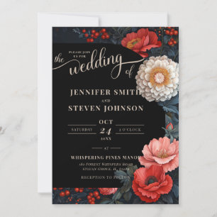Invitation Mariage romantique rouge et noir floral