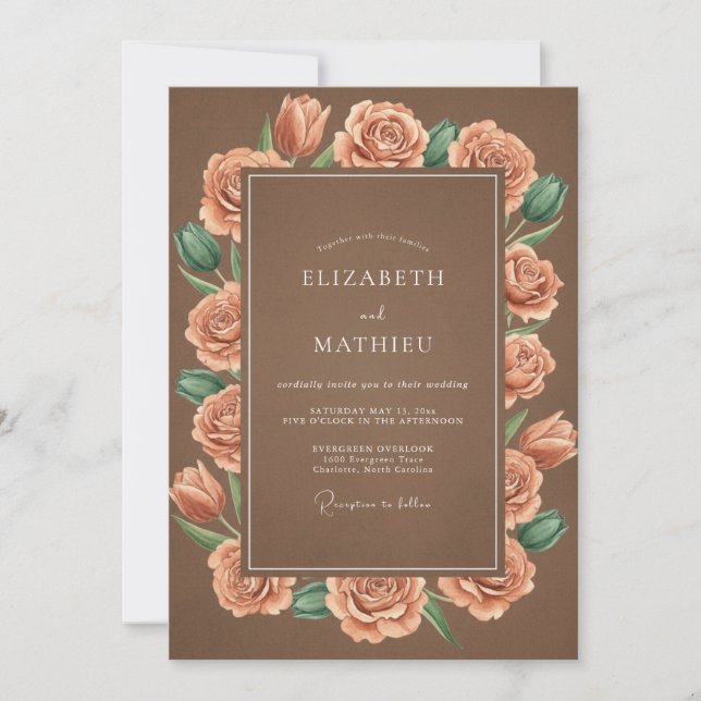 Invitation Mariage Romantique Rustique à Fleur de Corail (Devant)