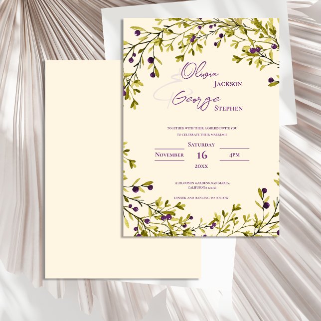 Invitation Mariage Romantique Rustique aux Feuilles de Baie V (Romantic Rustic Purple Berry Leaves Wedding Invitation)