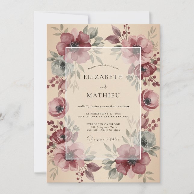 Invitation Mariage Romantique Rustique aux Fleurs Bordeaux (Devant)