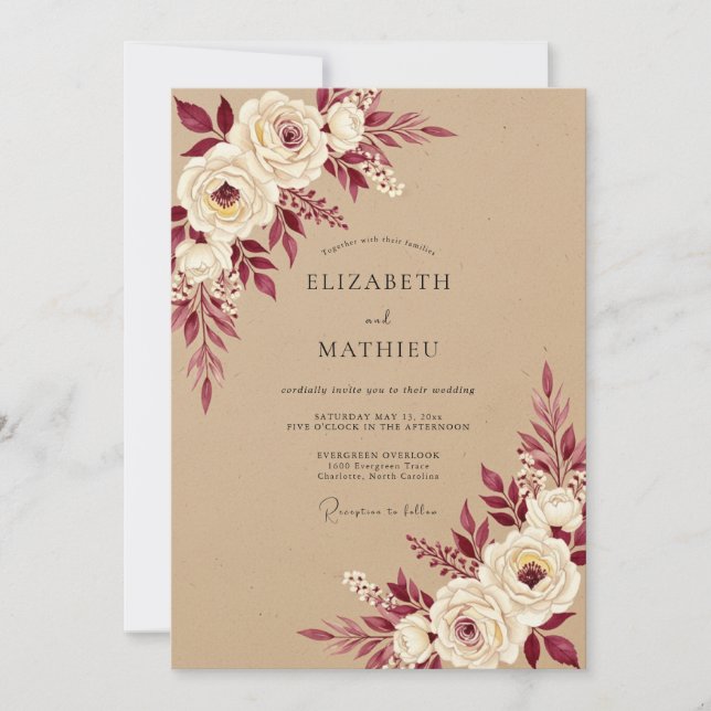 Invitation Mariage Romantique Rustique aux Fleurs de Bourgogn (Devant)