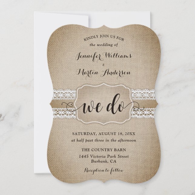 Invitation Mariage Romantique Rustique Campagne Toile de Jute (Devant)