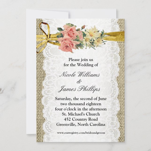 Invitation Mariage Romantique Rustique Toile de Jute & Dentel (Devant)