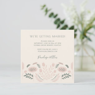 Invitation Mariage romantique scandinave folk fleurs sauge ro