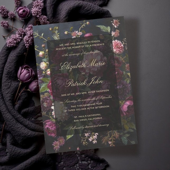 Invitation Mariage Romantique Sombre Formel Moderne Classique (moody dark wedding invitation romantic gothic romance burgundy purple pink black gold elegant formal)