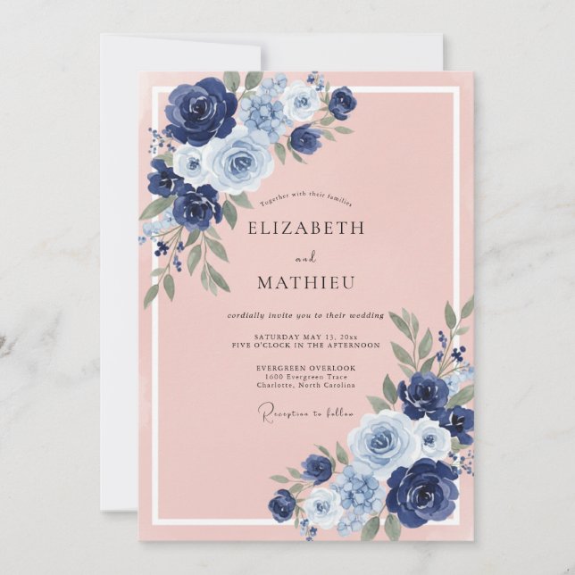 Invitation Mariage Romantique Sophistiqué Navy (Devant)