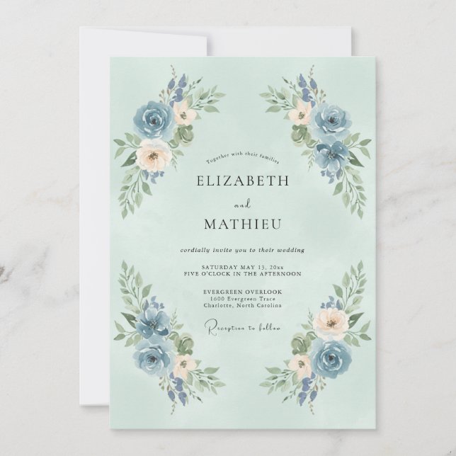 Invitation Mariage Romantique sous l'Arche de Fleurs Bleues (Devant)