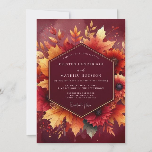 Invitation Mariage Romantique sous le Feuillage Automnal de B (Devant)