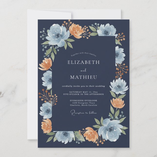 Invitation Mariage Romantique sous une Arche Florale Bleu Mar (Devant)
