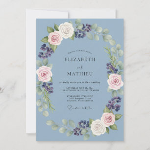 Invitation Mariage Romantique sous une Arche Florale Bleu Pou