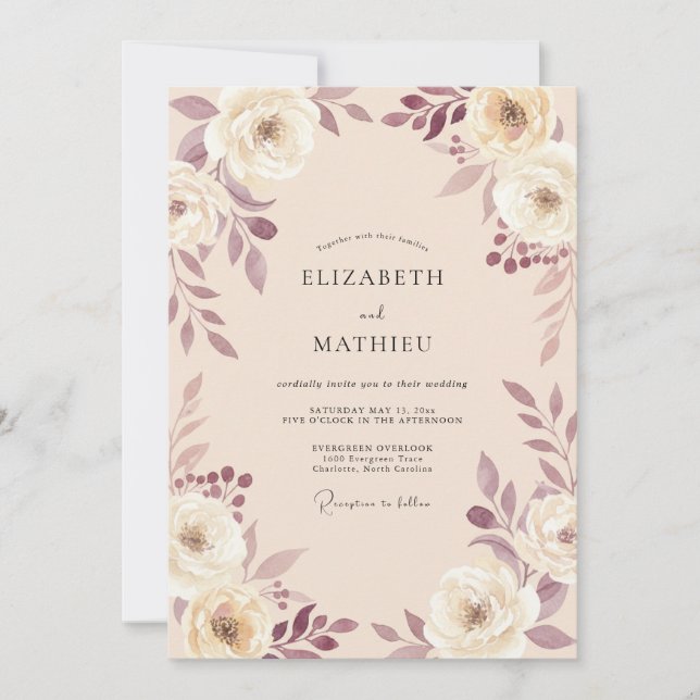 Invitation Mariage Romantique sous une Arche Florale Mauve (Devant)