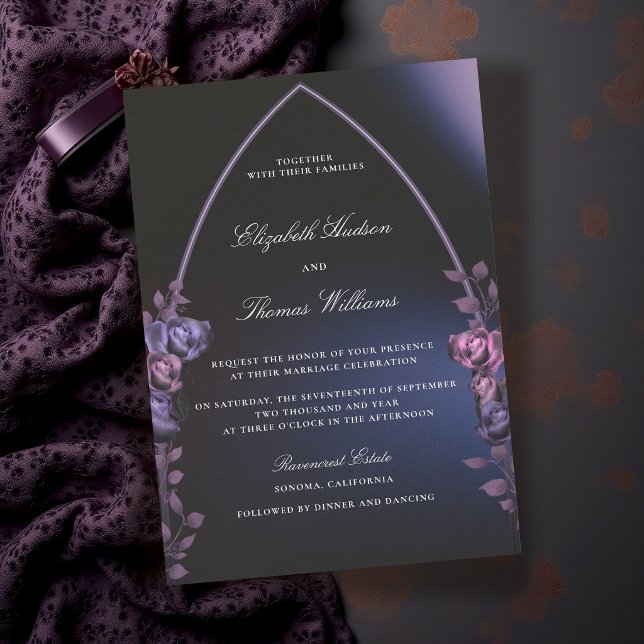 Invitation Mariage Romantique sous une Arche Gothique Violet  (blue and purple wedding invitation dark moody romantic gothic arch modern classic elegant formal)