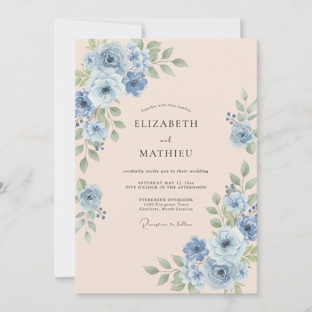 Invitation Mariage Romantique Splendide Bleu Ciel (Devant)