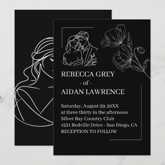 Invitation Mariage Romantique Superposition Noir Blanc 2026 (Devant / Derrière)