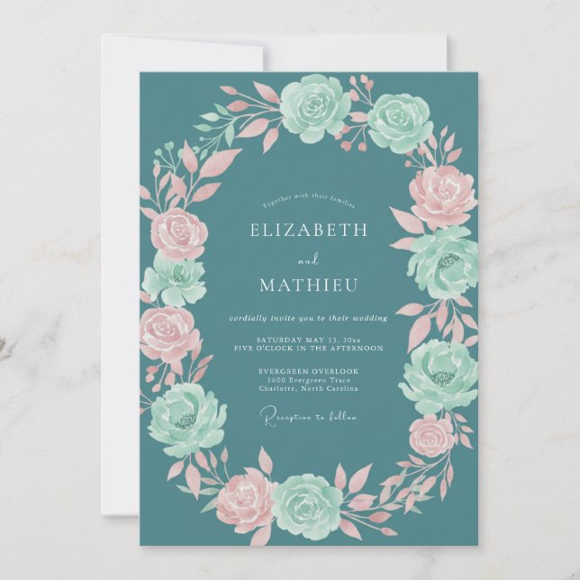 Invitation Mariage Romantique Teal Bloom (Devant)