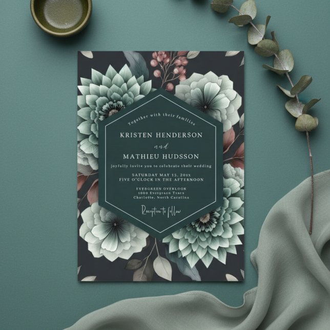 Invitation Mariage Romantique Teinte de Bleu-vert (Créateur téléchargé)