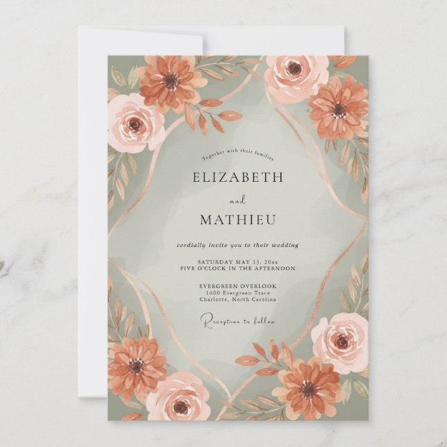Invitation Mariage Romantique Terre Cuite en Fleur (Devant)