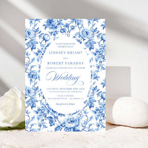 Invitation Mariage Romantique Toile de Jouy Bleu Royal Chic