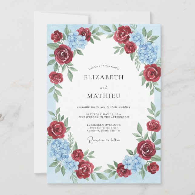 Invitation Mariage Romantique Traditionnel Bourguignon Azur (Devant)
