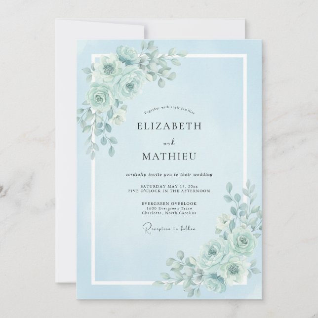 Invitation Mariage Romantique Tranquille Bleu Poudre (Devant)