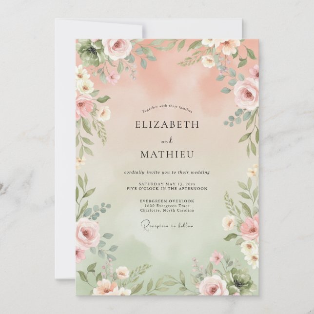 Invitation Mariage Romantique Verdoyant aux Pêches (Devant)