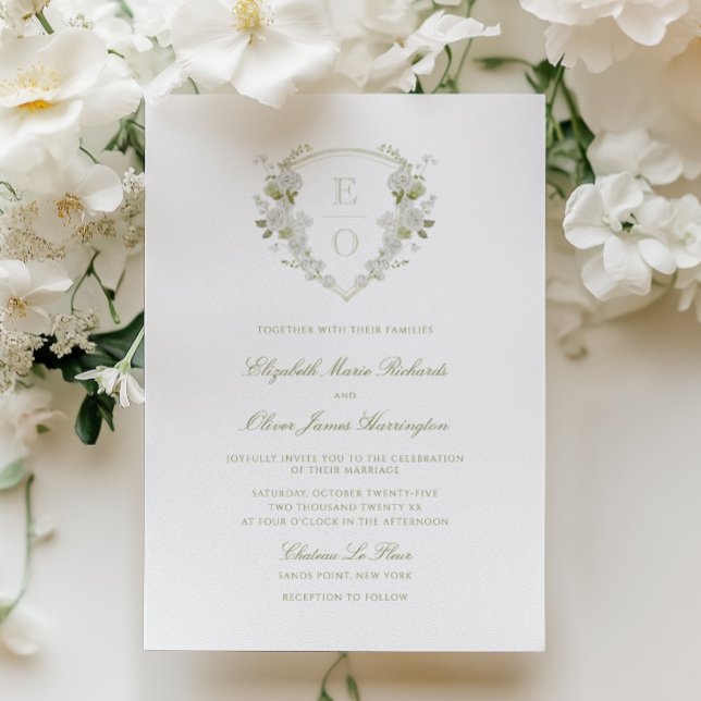 Invitation Mariage romantique vert blanc floral monogramme bl (Créateur téléchargé)