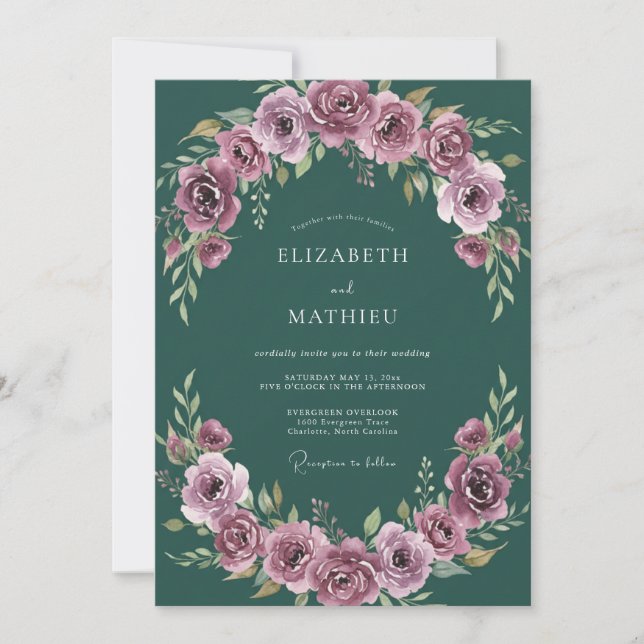 Invitation Mariage Romantique Vert Émeraude Maussade (Devant)