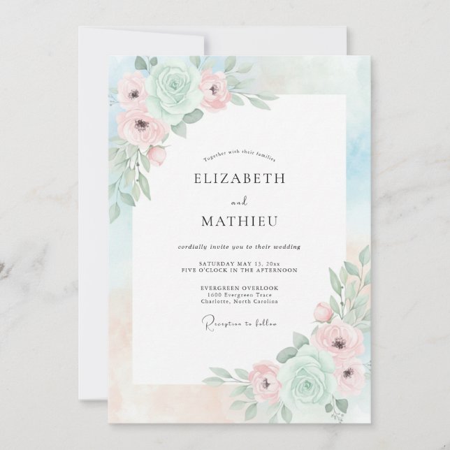 Invitation Mariage Romantique Vert Menthe (Devant)