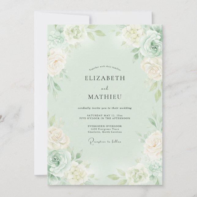 Invitation Mariage Romantique Vert Menthe Fleurissant (Devant)
