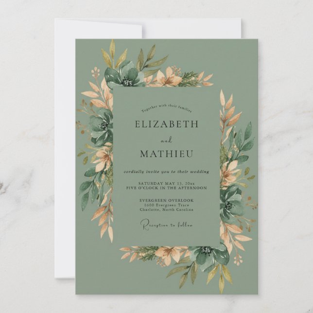 Invitation Mariage Romantique Vert Sage (Devant)