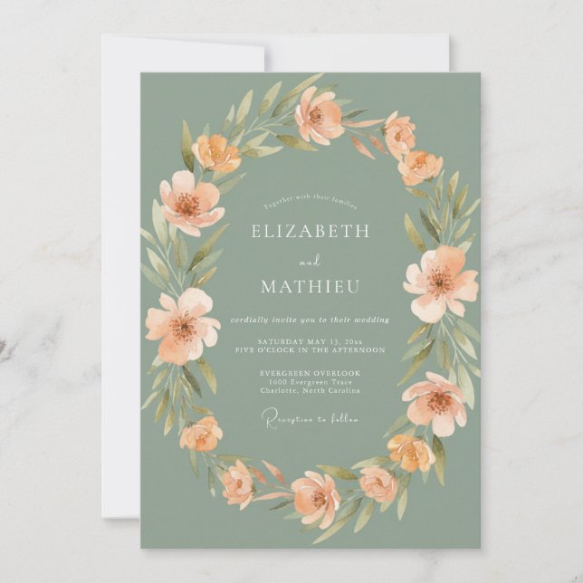 Invitation Mariage Romantique Vert Sauge et Pêche (Devant)