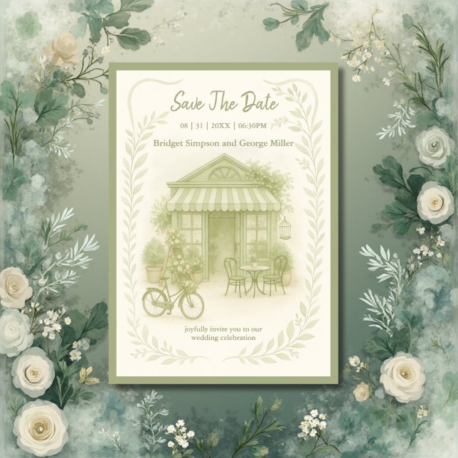 Invitation mariage romantique vert sauve la date (Créateur téléchargé)