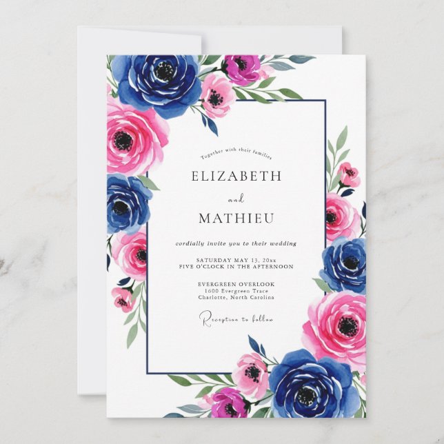 Invitation Mariage Romantique Vibrant Bleu Royal (Devant)