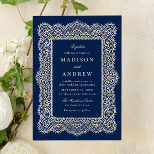Invitation Mariage romantique vintage bleu marine dentelle