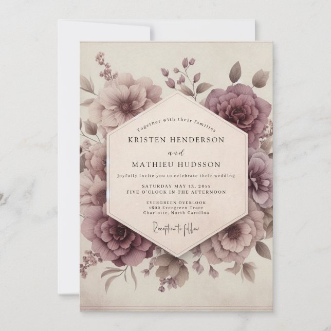Invitation Mariage Romantique Vintage Fleur Mauve (Devant)